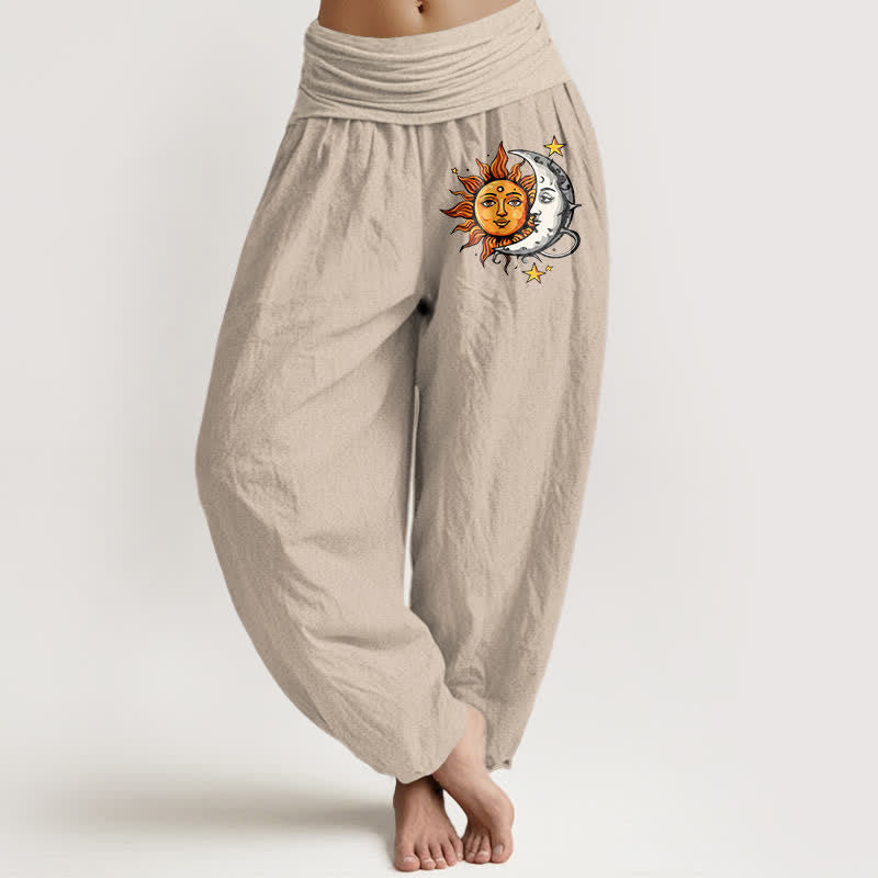 Buddha Stones Pantalones harem de algodón puro con estampado de sol y luna para mujer, cintura elástica. - Broncearse - US16，UK/AU20，EU48 (3XL) - image 11