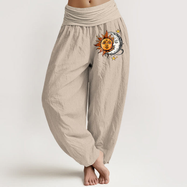 Buddha Stones Pantalones harem de algodón puro con estampado de sol y luna para mujer, cintura elástica. - Broncearse - US16，UK/AU20，EU48 (3XL) - image 11