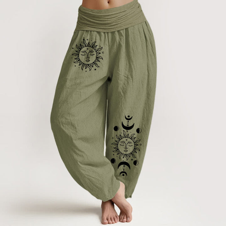 Buddha Stones Pantalones harem de algodón puro con estampado de sol y luna para mujer, cintura elástica. - Verde oliva - US16，UK/AU20，EU48 (3XL) - image 14