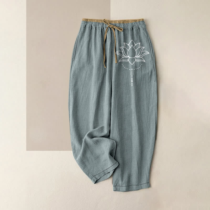 Buddha Stones Pantalones de mujer de algodón puro con estampado de loto sereno y cintura elástica con bolsillos. - Azul claro - US16，UK/AU20，EU48 (3XL) - image 5