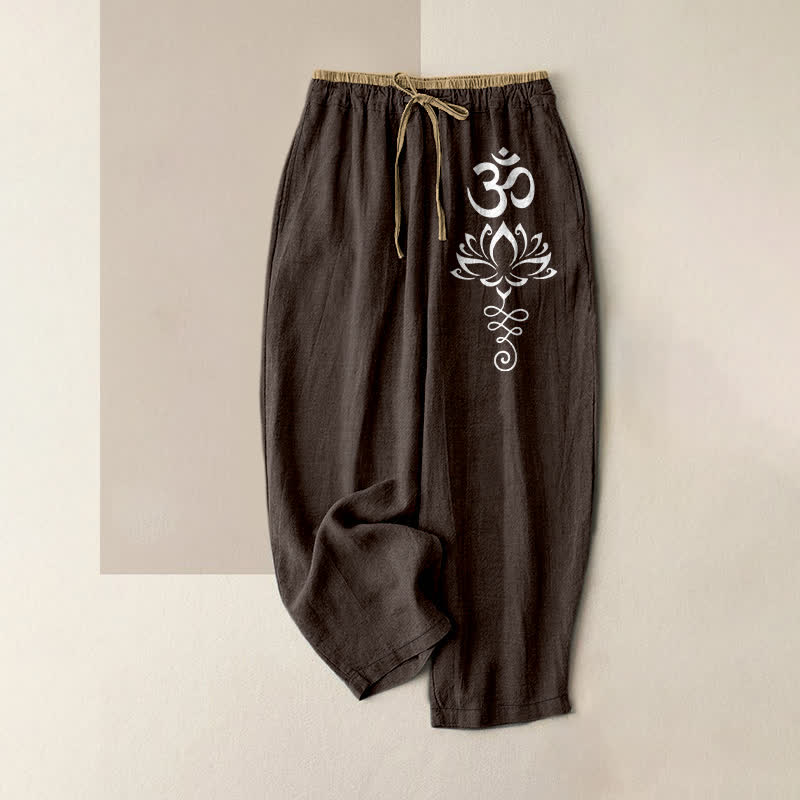 Buddha Stones Pantalones de mujer de algodón puro con estampado Zen Lotus Om, cintura elástica y bolsillos. - Marrón silla de montar - US16，UK/AU20，EU48 (3XL) - image 0