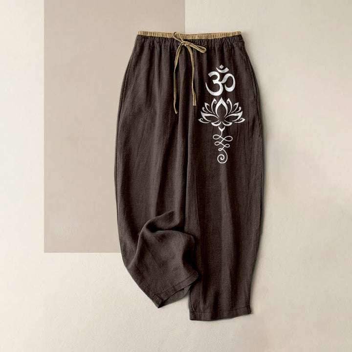 Buddha Stones Pantalones de mujer de algodón puro con estampado Zen Lotus Om, cintura elástica y bolsillos. - Marrón silla de montar - US16，UK/AU20，EU48 (3XL) - image 0