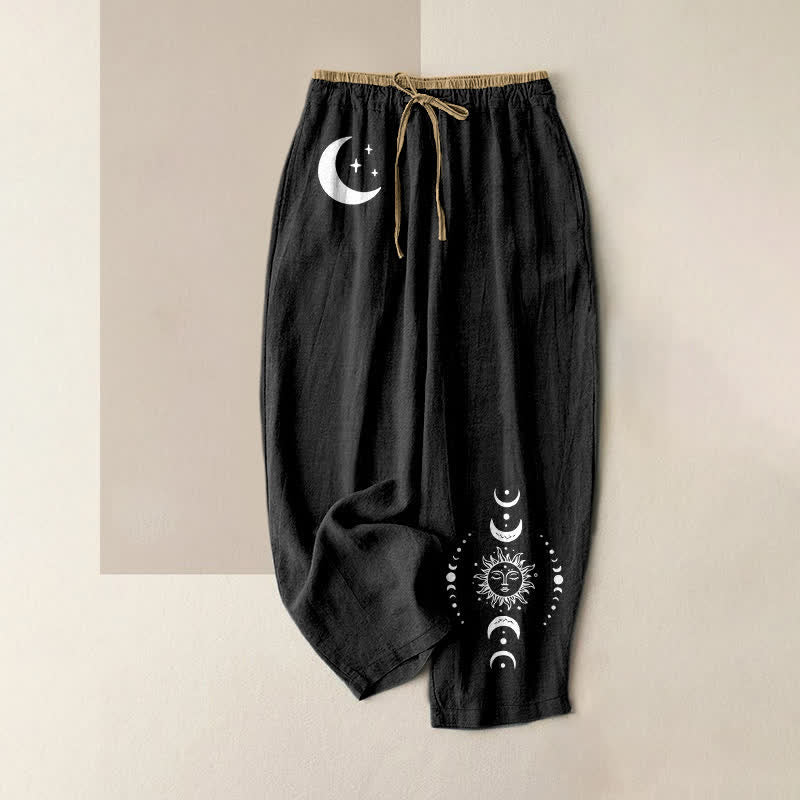 Buddha Stones Pantalones de mujer de algodón puro con elegante estampado de fases lunares celestiales, cintura elástica y bolsillos. - Negro - US16，UK/AU20，EU48 (3XL) - image 0