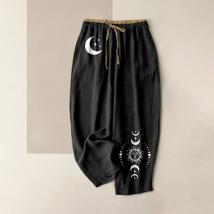 Buddha Stones Pantalones de mujer de algodón puro con elegante estampado de fases lunares celestiales, cintura elástica y bolsillos. - Negro - US16，UK/AU20，EU48 (3XL) - image 0