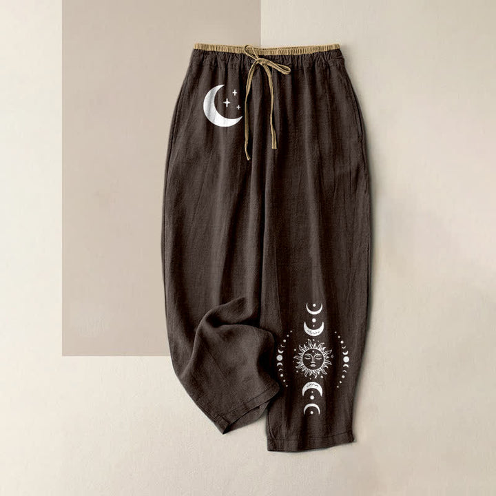 Buddha Stones Pantalones de mujer de algodón puro con elegante estampado de fases lunares celestiales, cintura elástica y bolsillos. - Marrón silla de montar - US16，UK/AU20，EU48 (3XL) - image 4