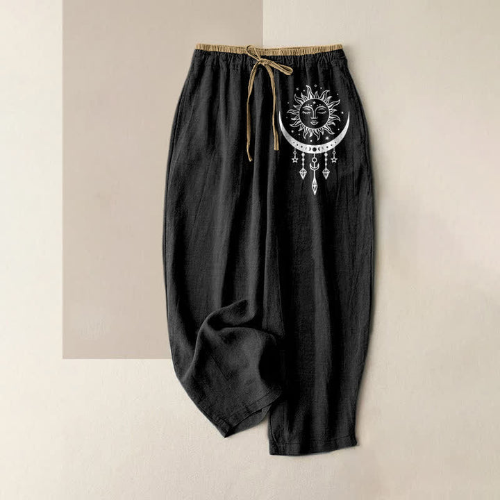 Buddha Stones Pantalones de mujer de algodón puro con estampado de sol y luna celestiales, cintura elástica y bolsillos. - Negro - US16，UK/AU20，EU48 (3XL) - image 5