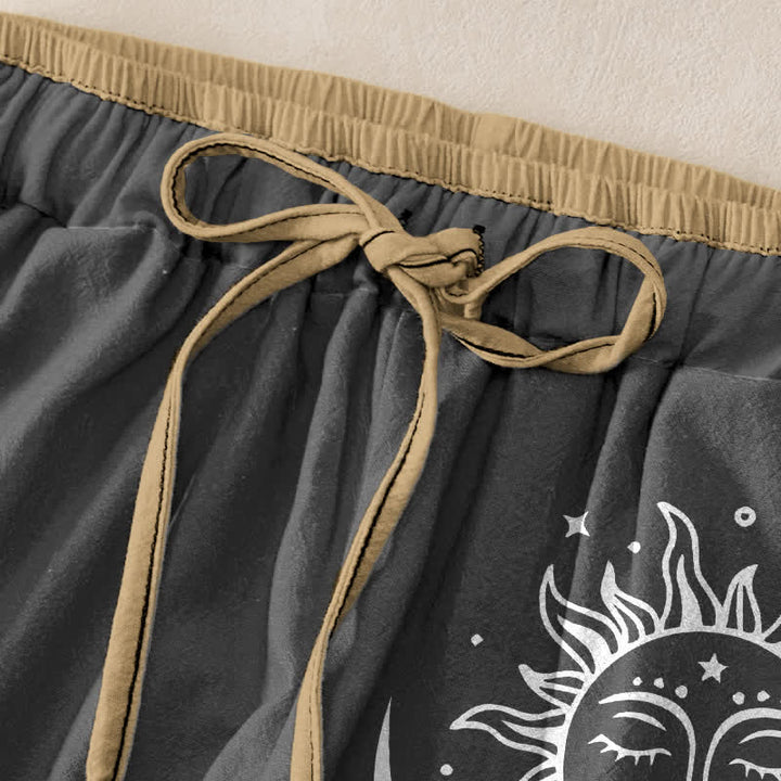Buddha Stones Pantalones de mujer de algodón puro con estampado de sol y luna celestiales, cintura elástica y bolsillos. - image 1