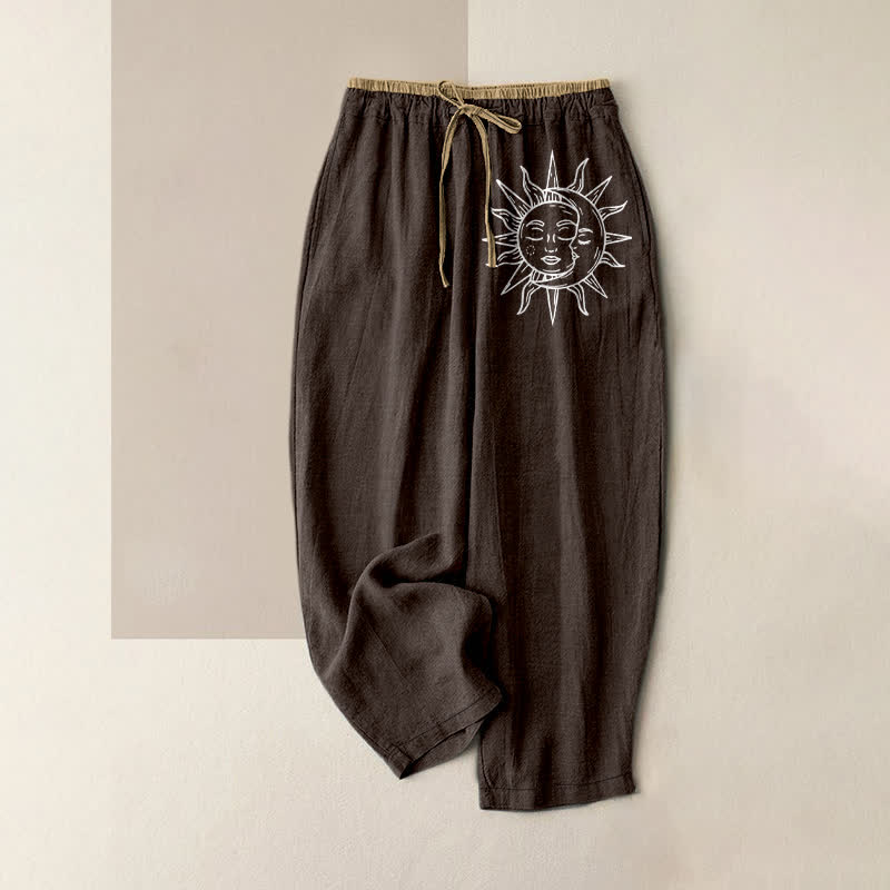 Buddha Stones Pantalones de mujer de algodón puro con estampado de sol celestial, cintura elástica y bolsillos. - Marrón silla de montar - US16，UK/AU20，EU48 (3XL) - image 4