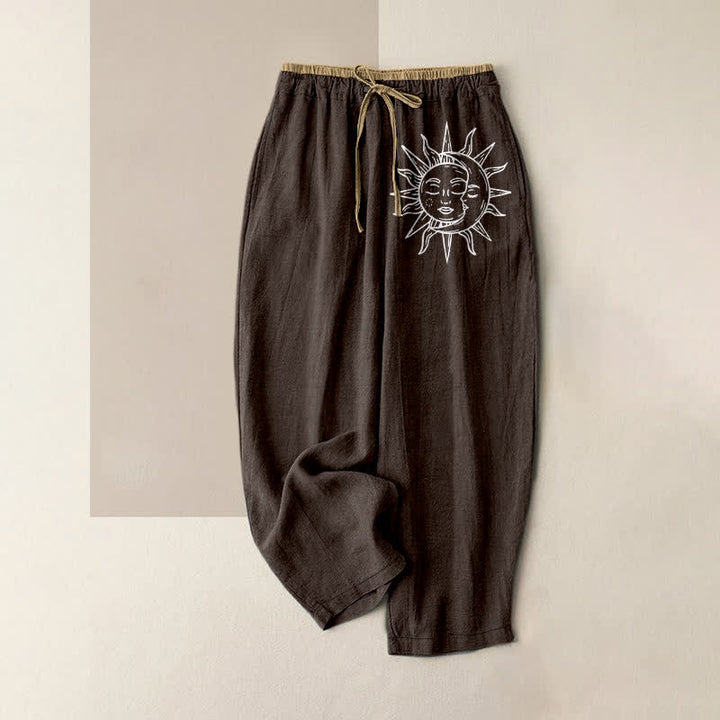 Buddha Stones Pantalones de mujer de algodón puro con estampado de sol celestial, cintura elástica y bolsillos. - Marrón silla de montar - US16，UK/AU20，EU48 (3XL) - image 4