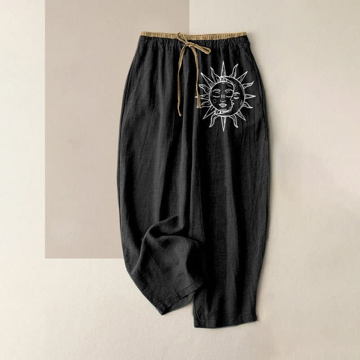 Buddha Stones Pantalones de mujer de algodón puro con estampado de sol celestial, cintura elástica y bolsillos. - Negro - US16，UK/AU20，EU48 (3XL) - image 0