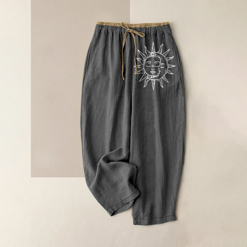 Buddha Stones Pantalones de mujer de algodón puro con estampado de sol celestial, cintura elástica y bolsillos. - Gris oscuro - US16，UK/AU20，EU48 (3XL) - image 5
