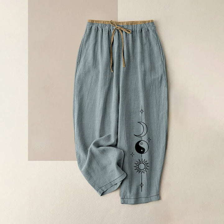 Buddha Stones Pantalones de mujer de algodón puro con estampado celestial Yin Yang y cintura elástica con bolsillos. - Azul claro - US16，UK/AU20，EU48 (3XL) - image 5