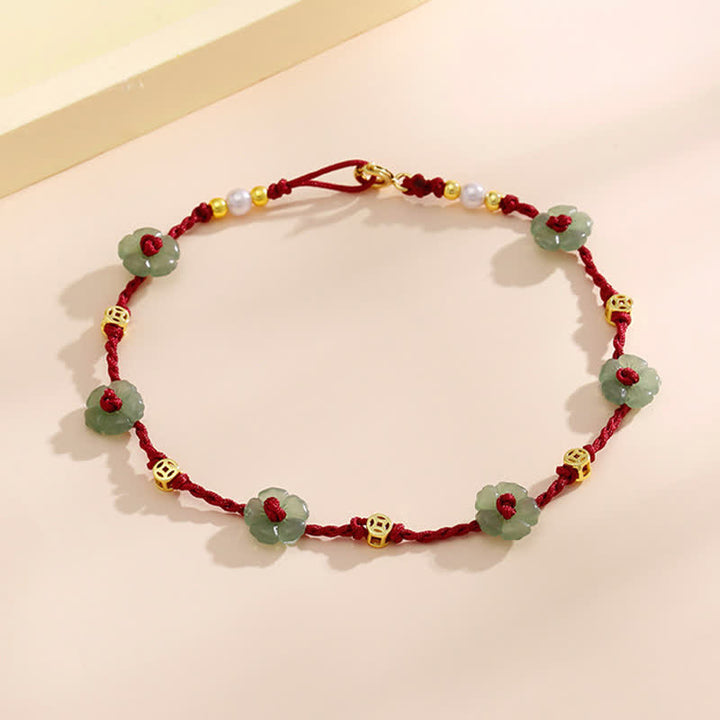 Buddha Stones Tobillera de protección con dije floral y cordón rojo tejido a mano - image 3