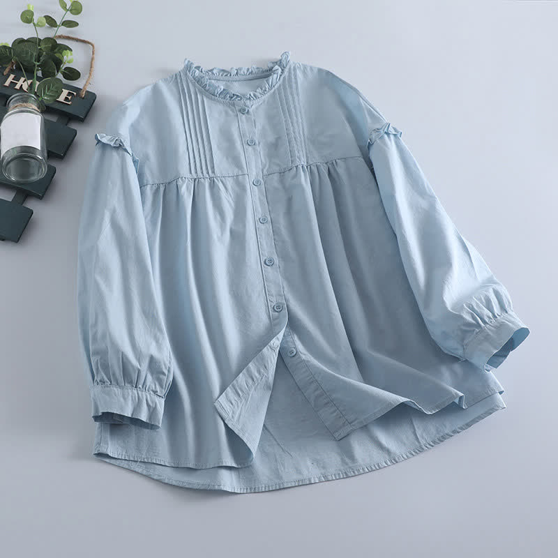Buddha Stones Camisa de manga larga plisada de manga larga para mujer, estilo vintage informal de primavera con botones. - Azul claro - US8-10, UK/AU12-14, EU40-42 (2XL) - image 0