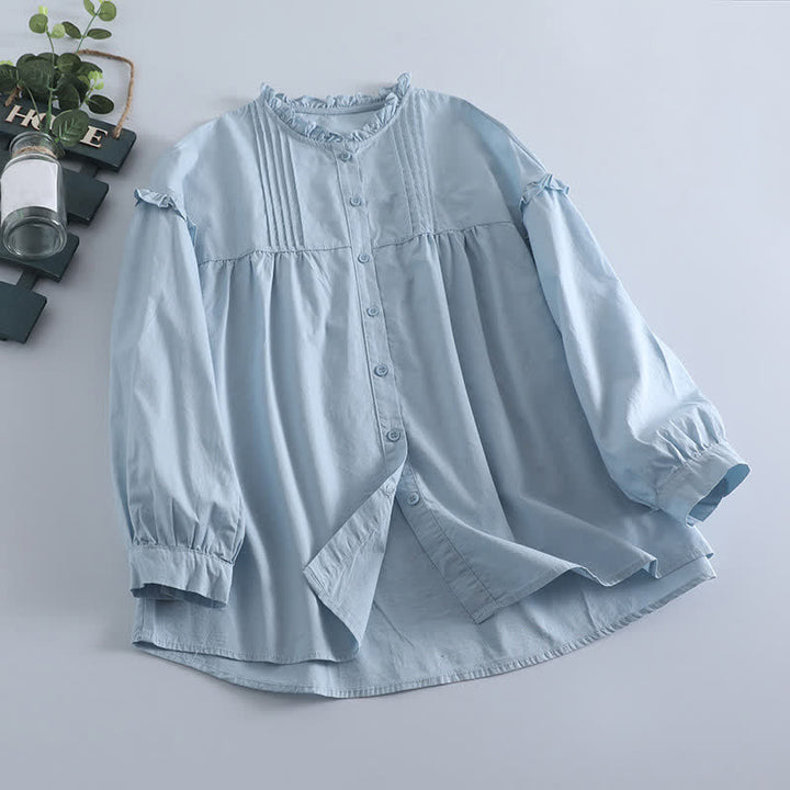 Buddha Stones Camisa de manga larga plisada de manga larga para mujer, estilo vintage informal de primavera con botones. - Azul claro - US8-10, UK/AU12-14, EU40-42 (2XL) - image 0