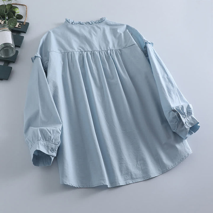 Buddha Stones Camisa de manga larga plisada de manga larga para mujer, estilo vintage informal de primavera con botones. - image 1