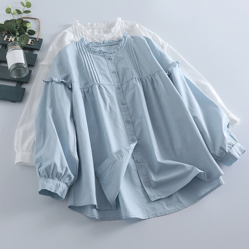 Buddha Stones Camisa de manga larga plisada de manga larga para mujer, estilo vintage informal de primavera con botones. - image 9