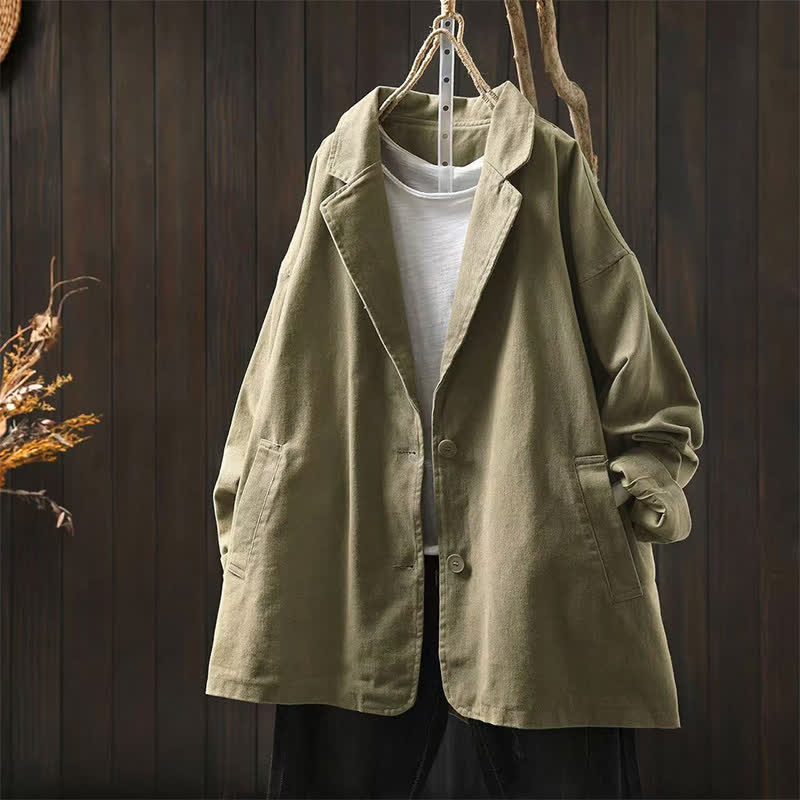 Chaqueta de mujer de manga larga, media, con bolsillos, botones, cuello de solapa y estampado de Buddha Stones para primavera y otoño. - Caqui oscuro - US4-8/10, UK/AU8-12/14, EU36-40/42 (F) - image 24