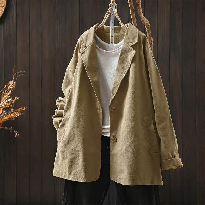 Chaqueta de mujer de manga larga, media, con bolsillos, botones, cuello de solapa y estampado de Buddha Stones para primavera y otoño. - Trigo - US4-8/10, UK/AU8-12/14, EU36-40/42 (F) - image 0