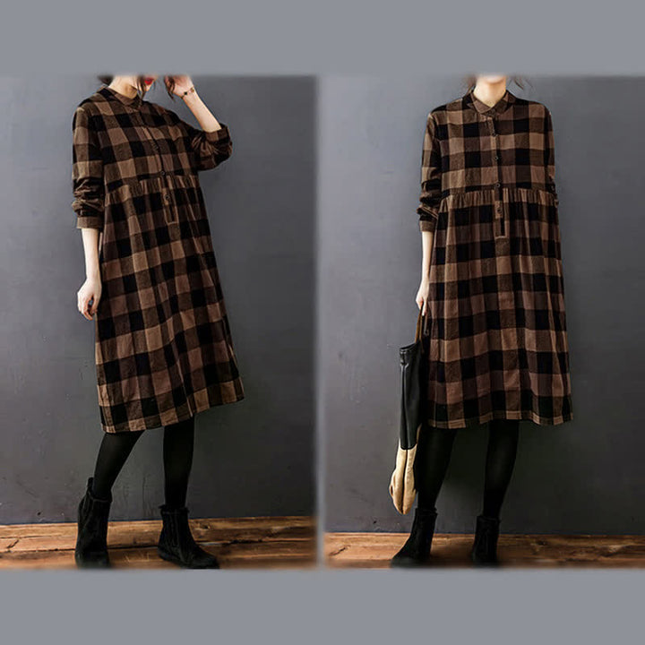 Vestido midi de manga larga a cuadros con estampado de retazos y Buddha Stones para desplazamientos diarios. - image 10