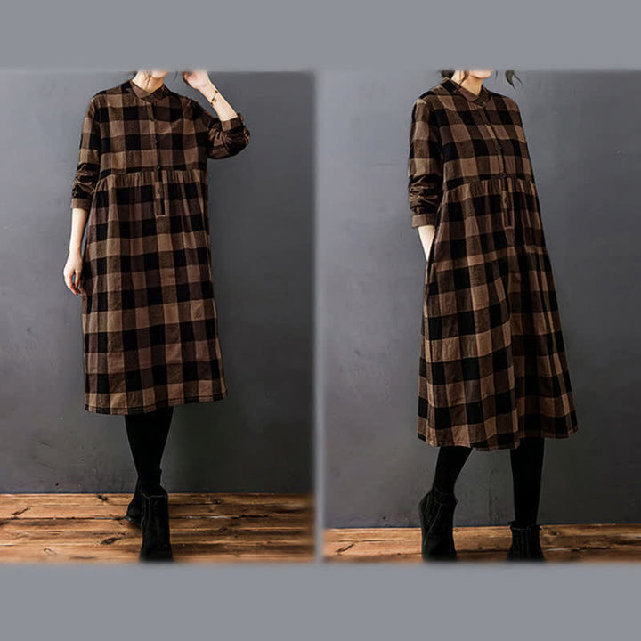 Vestido midi de manga larga a cuadros con estampado de retazos y Buddha Stones para desplazamientos diarios. - image 9