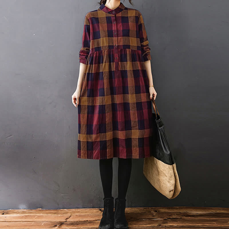 Vestido midi de manga larga a cuadros con estampado de retazos y Buddha Stones para desplazamientos diarios. - image 16