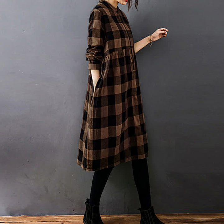 Vestido midi de manga larga a cuadros con estampado de retazos y Buddha Stones para desplazamientos diarios. - image 8