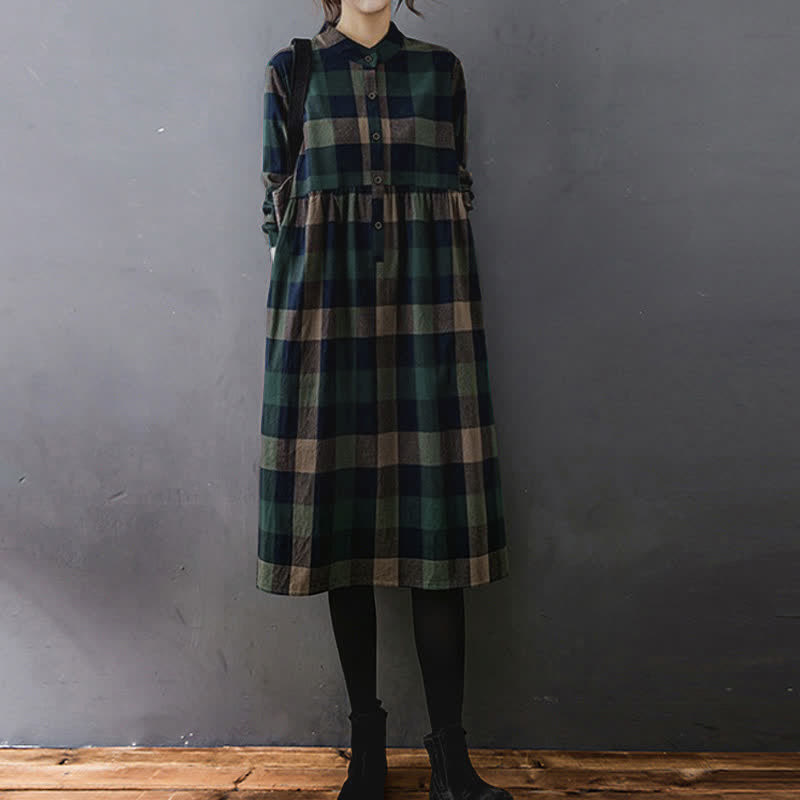 Vestido midi de manga larga a cuadros con estampado de retazos y Buddha Stones para desplazamientos diarios. - Cuadros verde oscuro y azul oscuro - US8-10，UK/AU12-14，EU40-42 (2XL) - image 0
