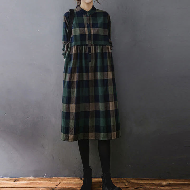 Vestido midi de manga larga a cuadros con estampado de retazos y Buddha Stones para desplazamientos diarios. - Cuadros verde oscuro y azul oscuro - US8-10，UK/AU12-14，EU40-42 (2XL) - image 0