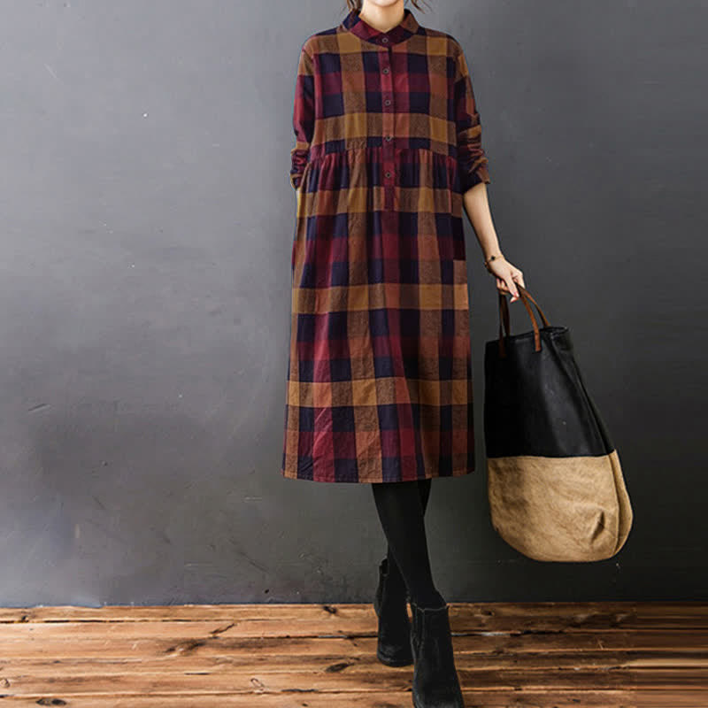 Vestido midi de manga larga a cuadros con estampado de retazos y Buddha Stones para desplazamientos diarios. - image 17