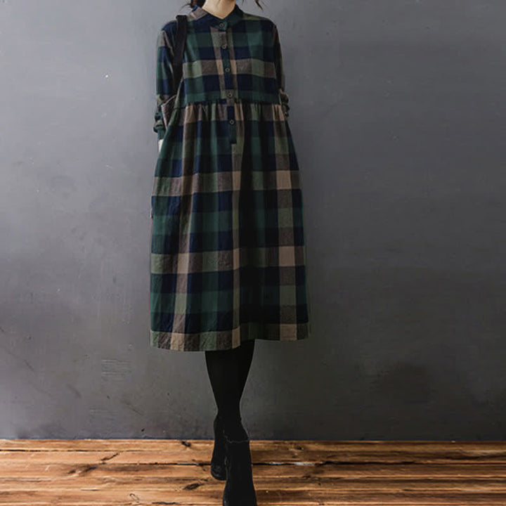 Vestido midi de manga larga a cuadros con estampado de retazos y Buddha Stones para desplazamientos diarios. - image 1