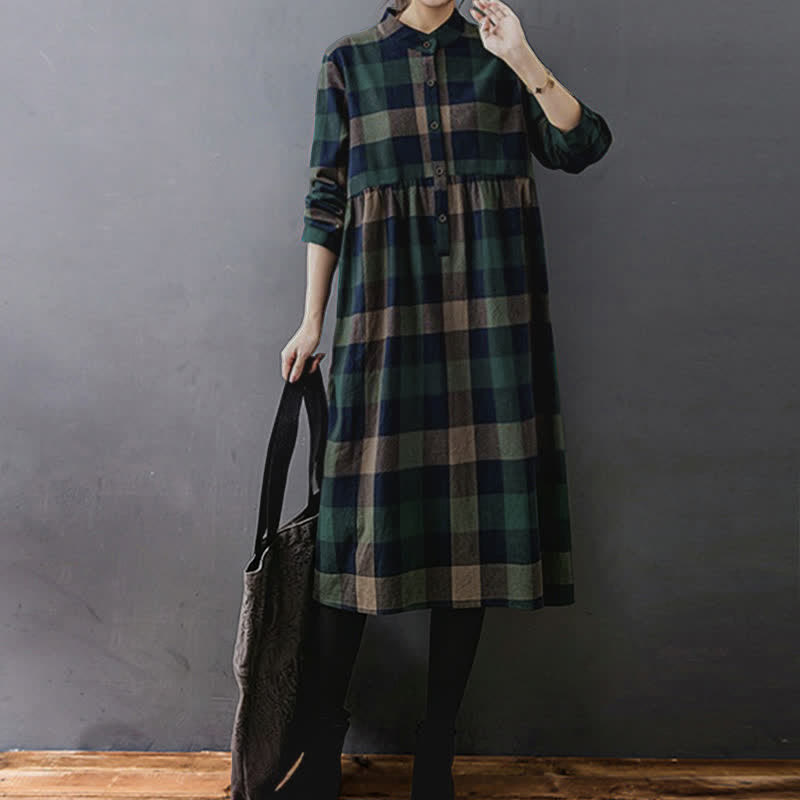 Vestido midi de manga larga a cuadros con estampado de retazos y Buddha Stones para desplazamientos diarios. - image 2