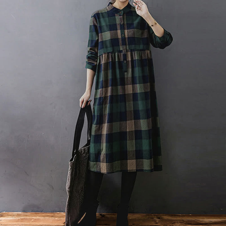 Vestido midi de manga larga a cuadros con estampado de retazos y Buddha Stones para desplazamientos diarios. - image 2