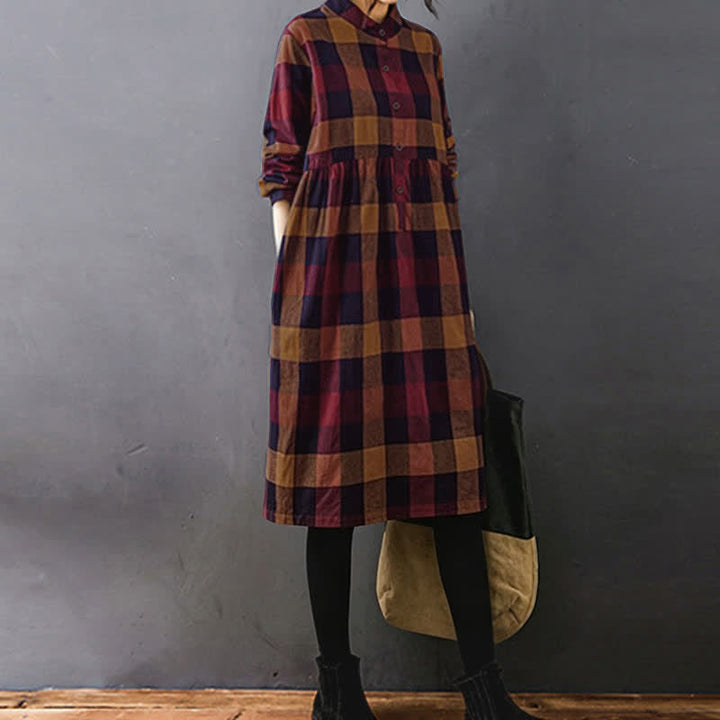 Vestido midi de manga larga a cuadros con estampado de retazos y Buddha Stones para desplazamientos diarios. - image 18