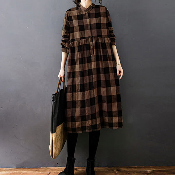 Vestido midi de manga larga a cuadros con estampado de retazos y Buddha Stones para desplazamientos diarios. - image 7