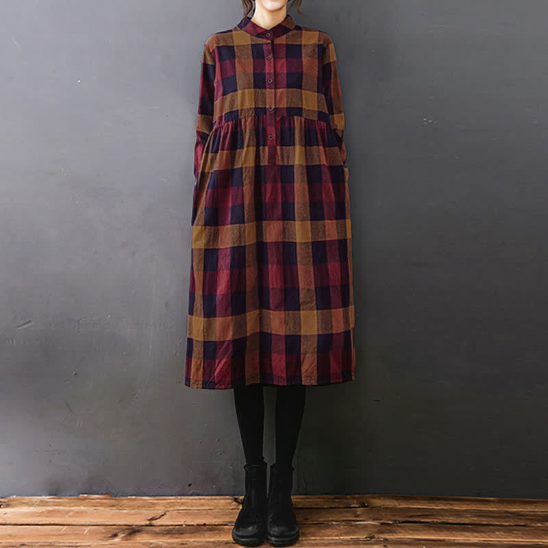Vestido midi de manga larga a cuadros con estampado de retazos y Buddha Stones para desplazamientos diarios. - Cuadros de vara de oro roja - US8-10，UK/AU12-14，EU40-42 (2XL) - image 15