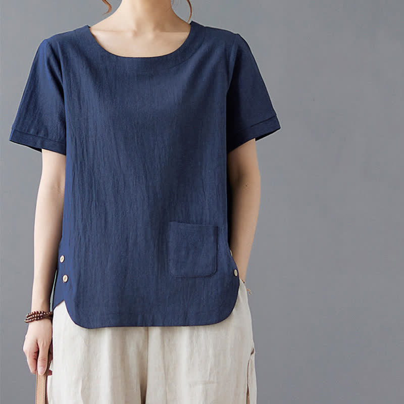 Camiseta de manga corta con cuello redondo y diseño de Buddha Stones para mujer, de algodón y poliéster, con abertura lateral y bolsillo. - image 20