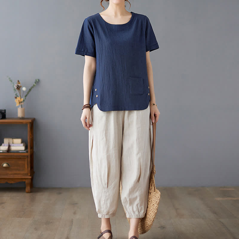 Camiseta de manga corta con cuello redondo y diseño de Buddha Stones para mujer, de algodón y poliéster, con abertura lateral y bolsillo. - image 23