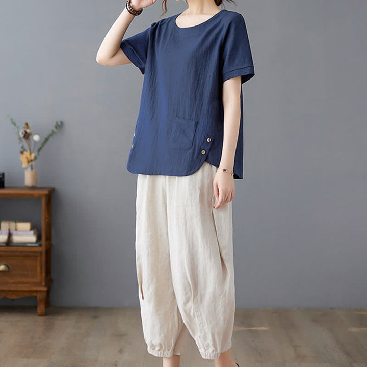 Camiseta de manga corta con cuello redondo y diseño de Buddha Stones para mujer, de algodón y poliéster, con abertura lateral y bolsillo. - image 24