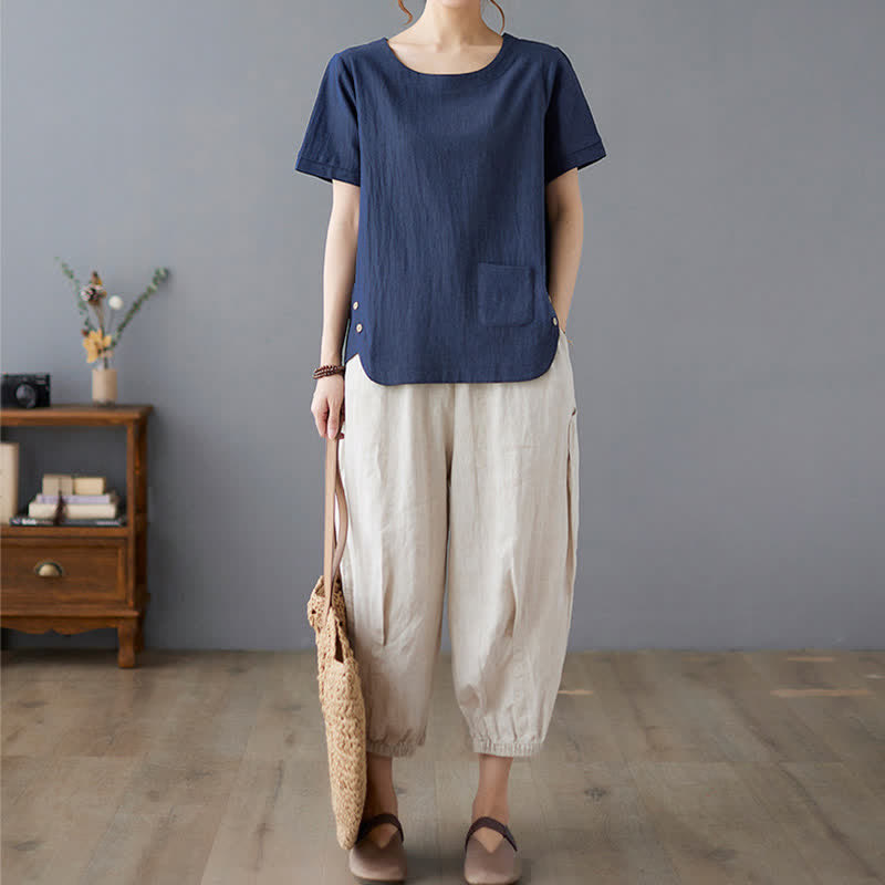 Camiseta de manga corta con cuello redondo y diseño de Buddha Stones para mujer, de algodón y poliéster, con abertura lateral y bolsillo. - image 22