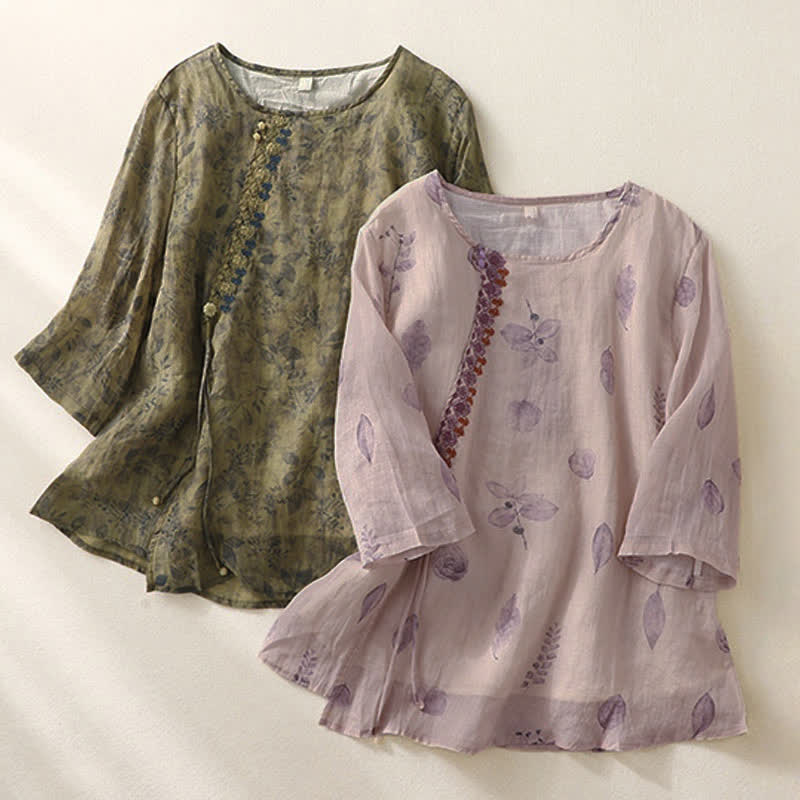 Camisa de lino y algodón para mujer, manga tres cuartos, con diseño bordado de Buddha Stones - image 20