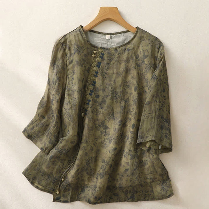 Camisa de lino y algodón para mujer, manga tres cuartos, con diseño bordado de Buddha Stones - Verde oliva - US12, UK/AU16, EU44 (2XL) - image 14