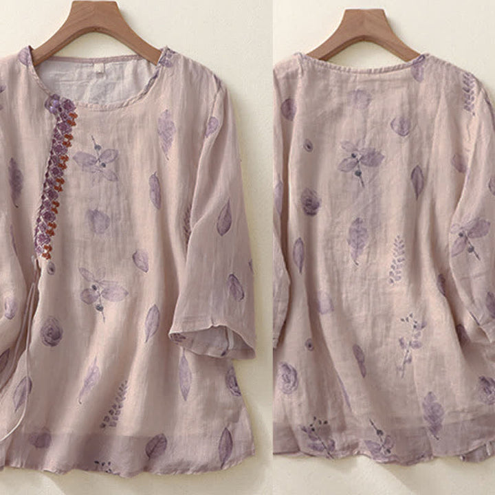 Camisa de lino y algodón para mujer, manga tres cuartos, con diseño bordado de Buddha Stones - image 2