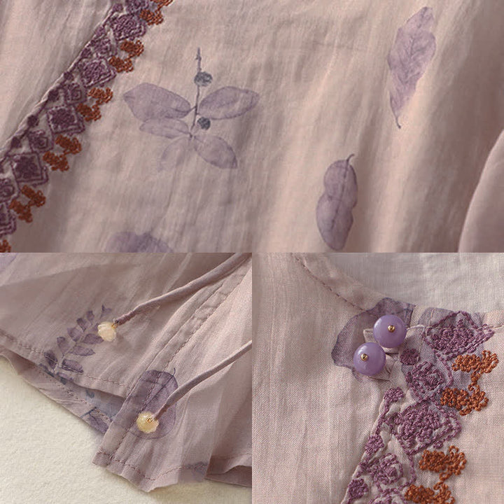 Camisa de lino y algodón para mujer, manga tres cuartos, con diseño bordado de Buddha Stones - image 11