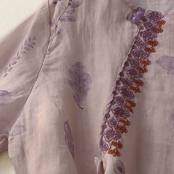 Camisa de lino y algodón para mujer, manga tres cuartos, con diseño bordado de Buddha Stones - image 5