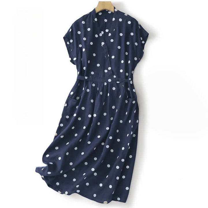 Vestido midi de mujer con estampado de Buddha Stones, lunares, escote en V, cordones y bolsillos. - Marina de guerra - US8-10，UK/AU12-14，EU40-42 (2XL) - image 0