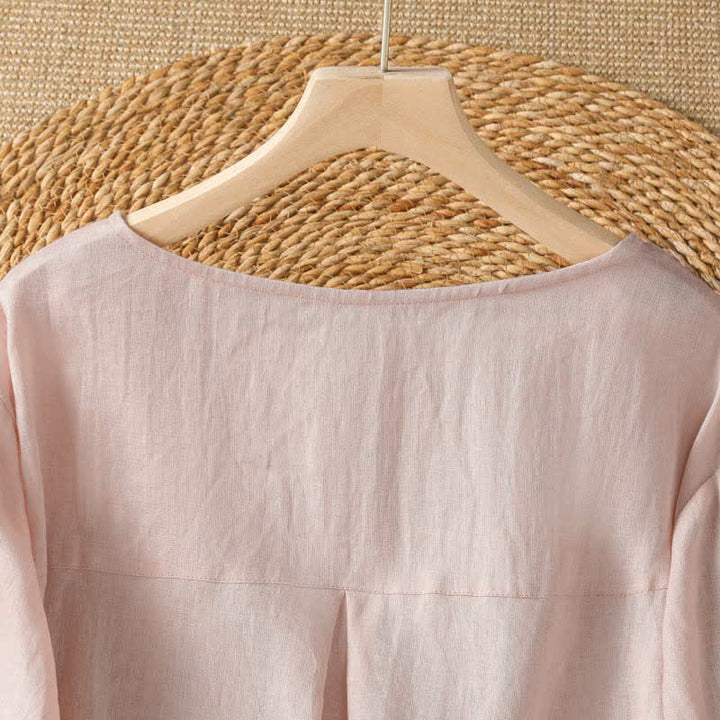 Buddha Stones Camiseta de manga larga para mujer, estilo casual de verano, elegante, con bordado floral blanco y cuello redondo. - image 3