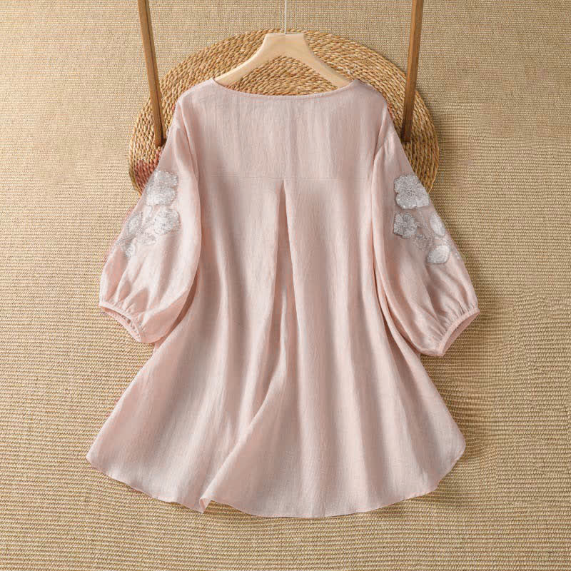Buddha Stones Camiseta de manga larga para mujer, estilo casual de verano, elegante, con bordado floral blanco y cuello redondo. - image 1