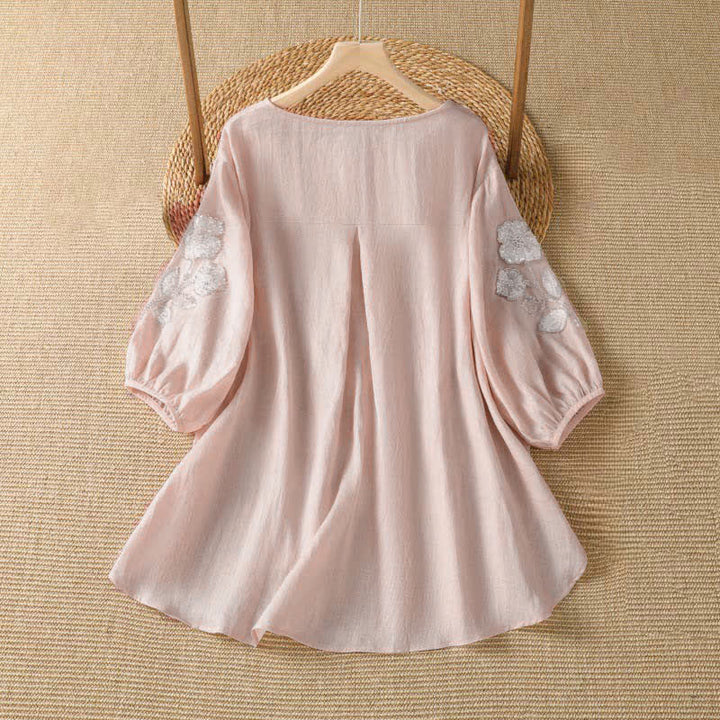 Buddha Stones Camiseta de manga larga para mujer, estilo casual de verano, elegante, con bordado floral blanco y cuello redondo. - image 1