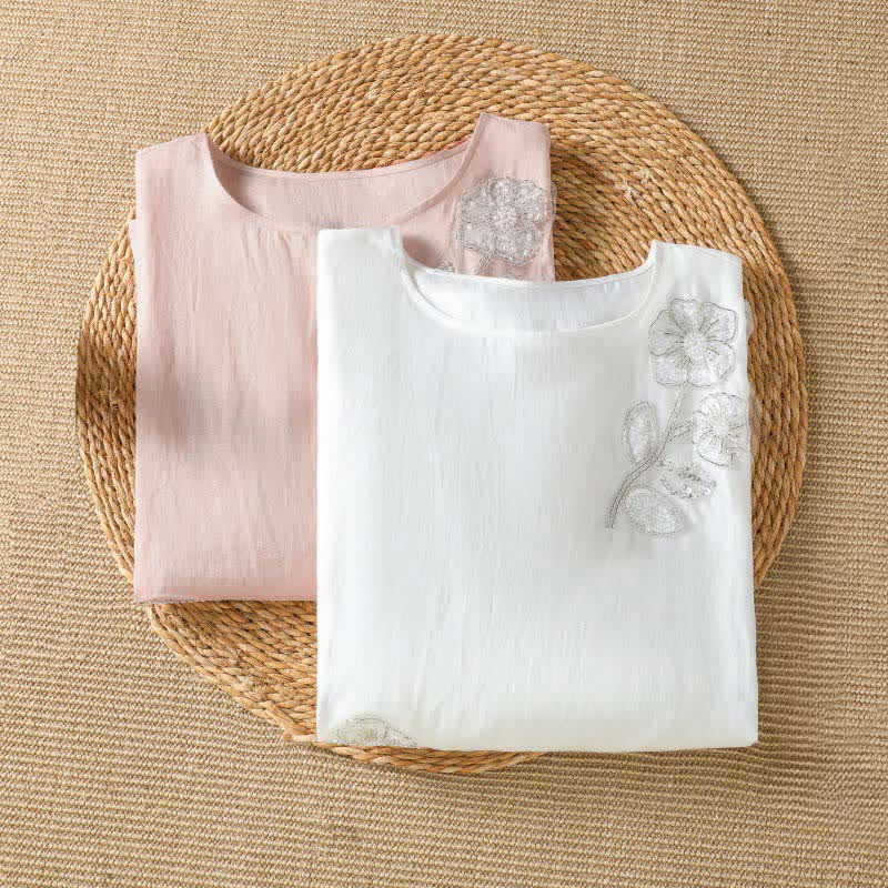 Buddha Stones Camiseta de manga larga para mujer, estilo casual de verano, elegante, con bordado floral blanco y cuello redondo. - image 9